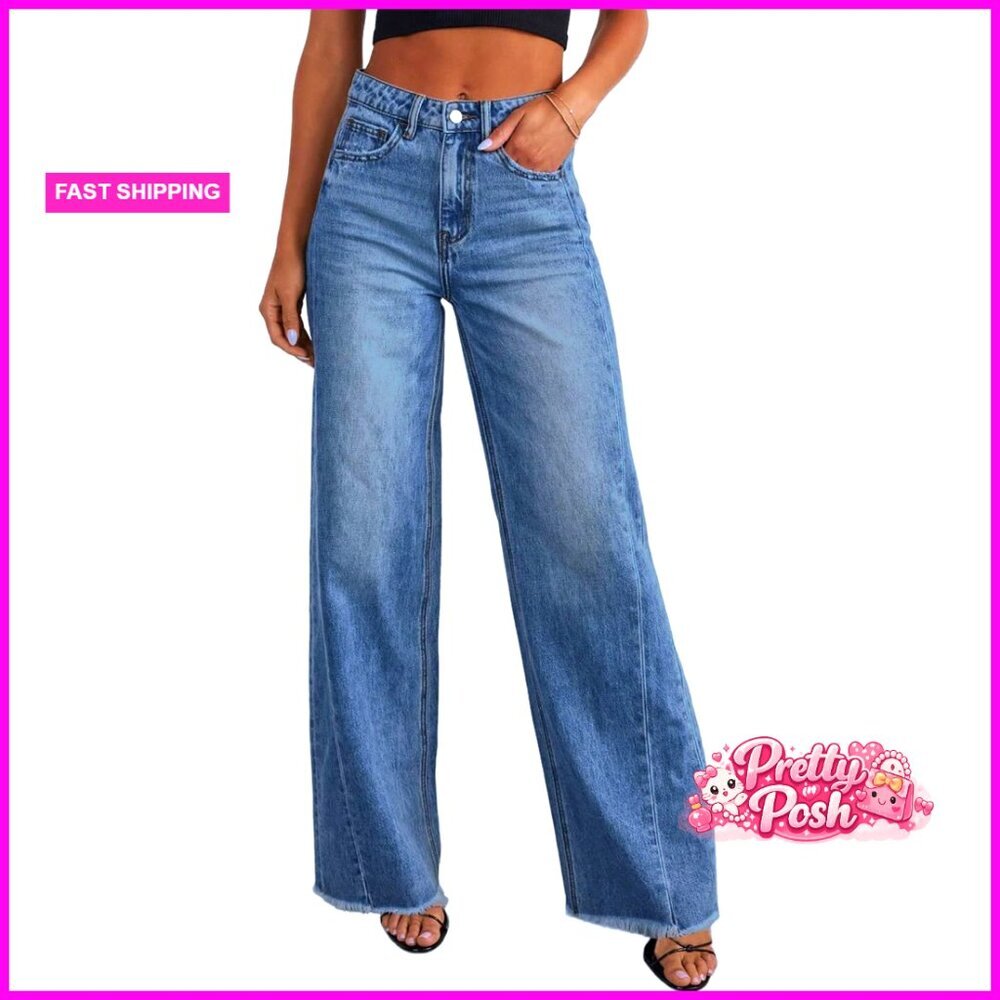 Wide Leg Jeans High Waisted Stretchy Raw Hem Denim Pants